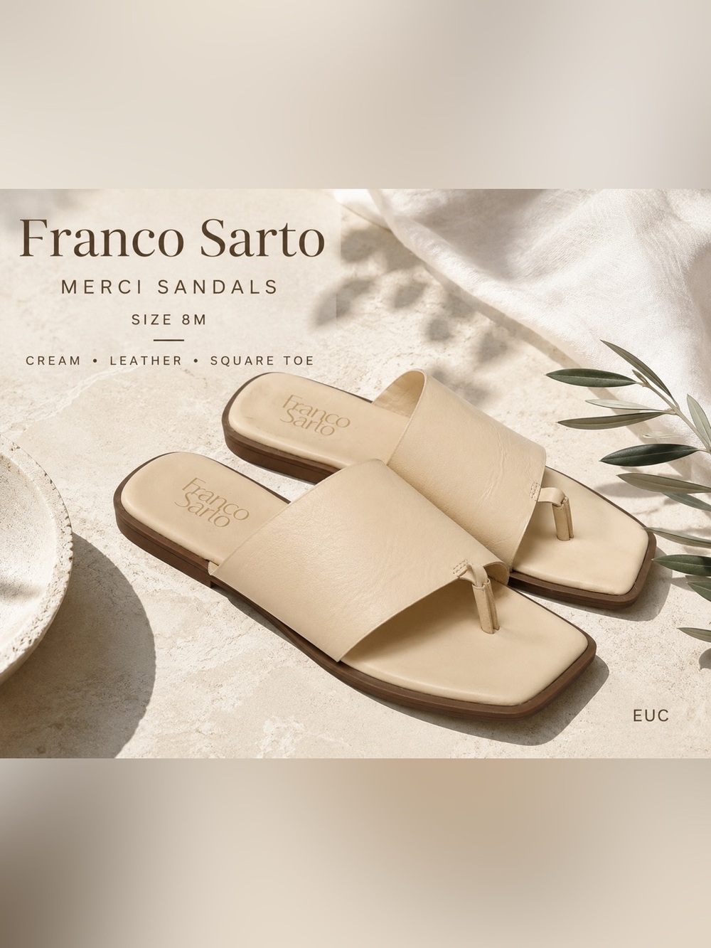 FRANCO SARTO Merci Leather Thong Slide Sandals Cream Square Toe Womens Size 8M